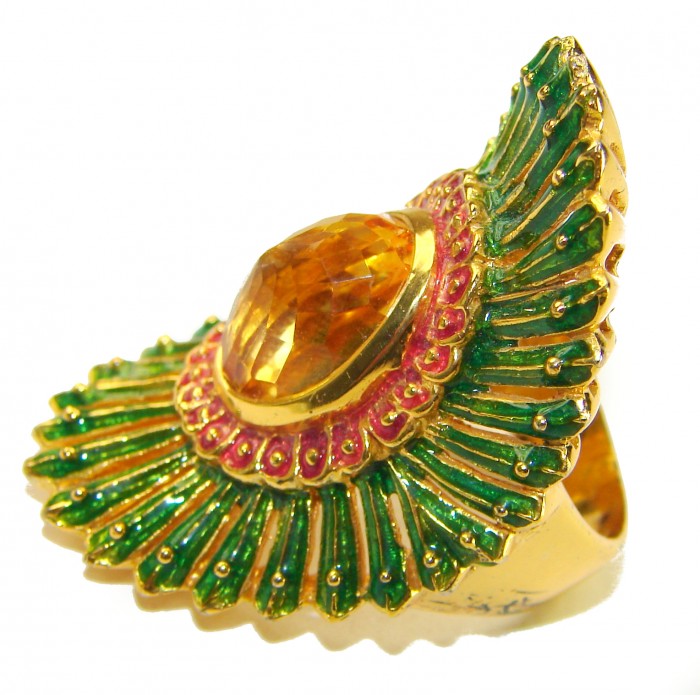 Paradise 10.5 carat Citrine green Enamel .925 Sterling Silver dipped in 18K Gold Handcrafted Huge Ring size 8 1/4 - Side view of Paradise ring with citrine and green enamel.