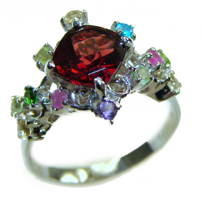 Natural 3.9 carat Ruby .925 Sterling Silver handmade Statement Ring size 6 1/4 - Ruby ring close-up with colorful stones on sterling silver band.