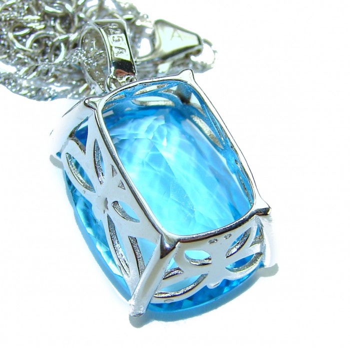 Pacifica 19.5 carat Swiss Blue Topaz .925 Sterling Silver Handcrafted necklace - Close-up of 19.5 carat Swiss Blue Topaz in .925 Sterling Silver setting.