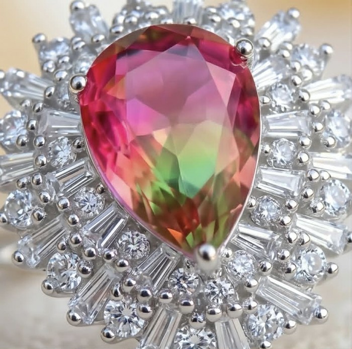 Isabella 8.7 carat pearl cut Brazilian Pink Tourmaline .925 Sterling Silver Perfectly handcrafted Statement Ring size 7 - Close-up of Isabella 8.7 carat pink tourmaline ring with diamond accents.
