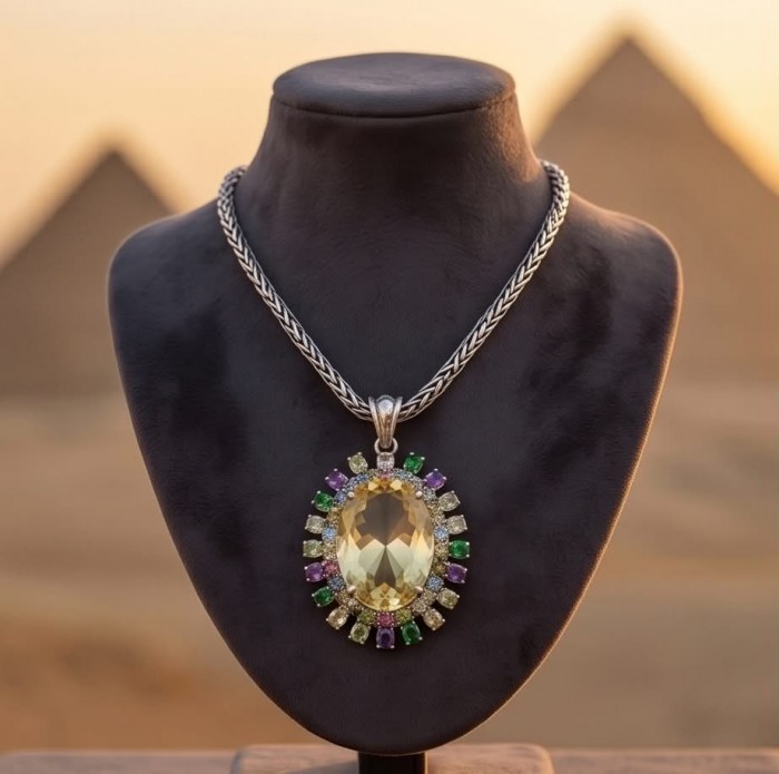 Golden Beauty 48.2 grams authentic Lemon Quartz .925 Sterling Silver handcrafted necklace - Elegant necklace with lemon quartz pendant, front view, pyramids background