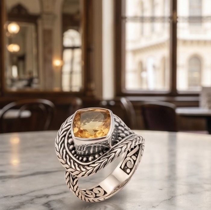 Solid 9.8 carat Genuine Citrine .925 Sterling Silver handcrafted ring size 7 - Citrine sterling silver ring on marble table, close-up detail view.