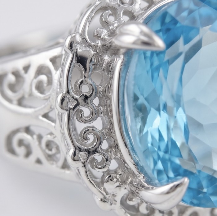 14.5 carat authentic Swiss Blue Topaz .925 Sterling Silver dipped in rhodium handmade Statement Ring size 8 1/4 - Stone close-up of Swiss Blue Topaz in .925 Sterling Silver setting.