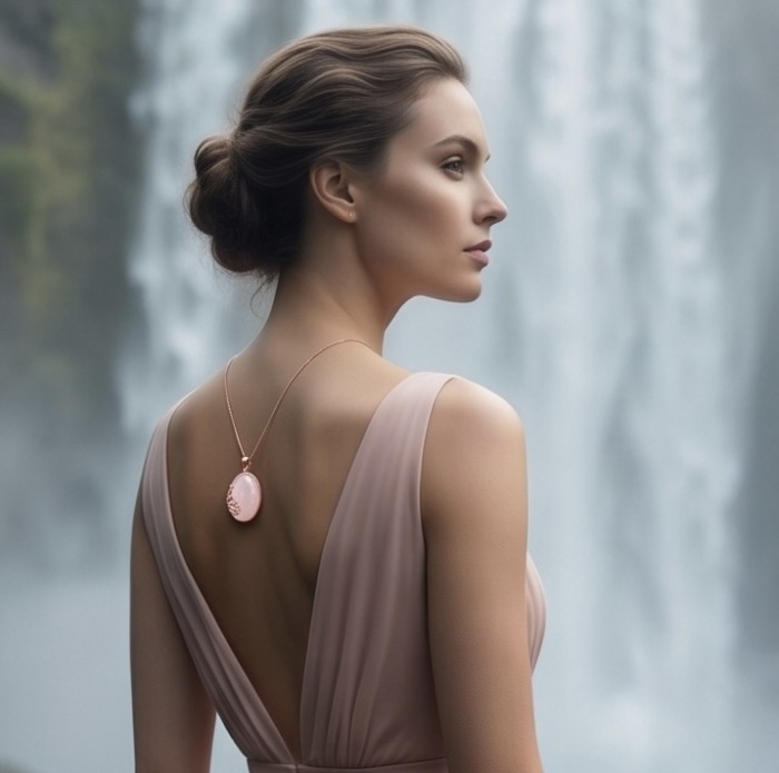 Brazilian Beauty 30.9 carat ROSE QUARTZ 18K Gold over .925 Sterling Silver handcrafted pendant - Woman wearing rose quartz necklace with a waterfall backdrop