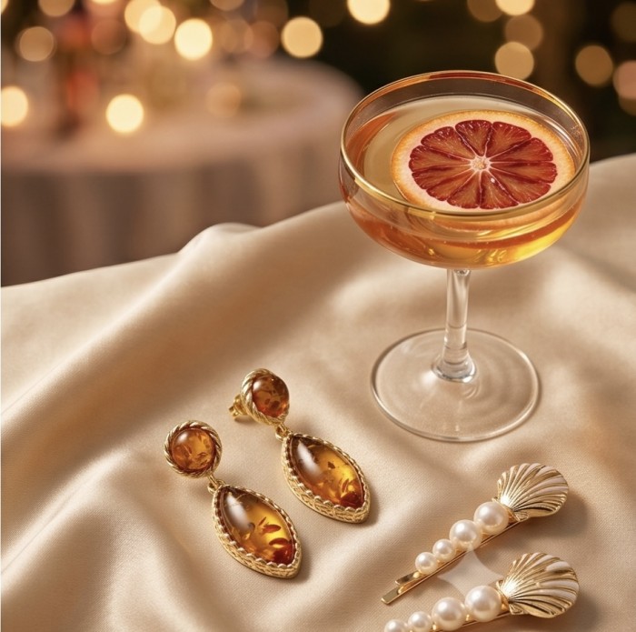 Serenity - Authentic Baltic Amber .925 Sterling Silver handcrafted earrings - Serenity Baltic Amber earrings with drink, top view.