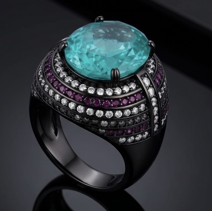 Carmen Authentic 12.4 carat Aquamarine black rhodium .925 Sterling Silver brilliantly handcrafted large Statement Ring size 8 - Aquamarine ring with diamonds, side view on black rhodium band.