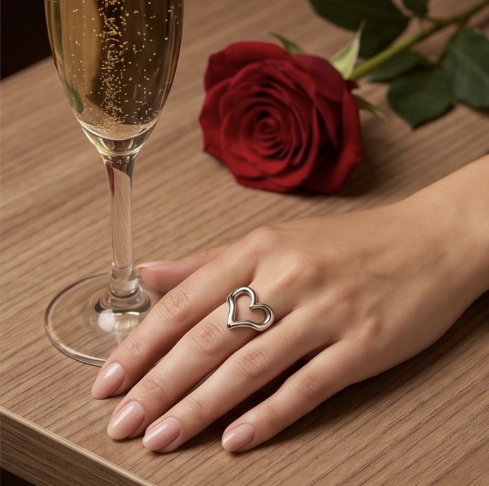 Heart - .925 Sterling Silver Handcrafted Statement Ring size 7 - Heart-shaped silver ring worn on hand with rose and champagne glass.