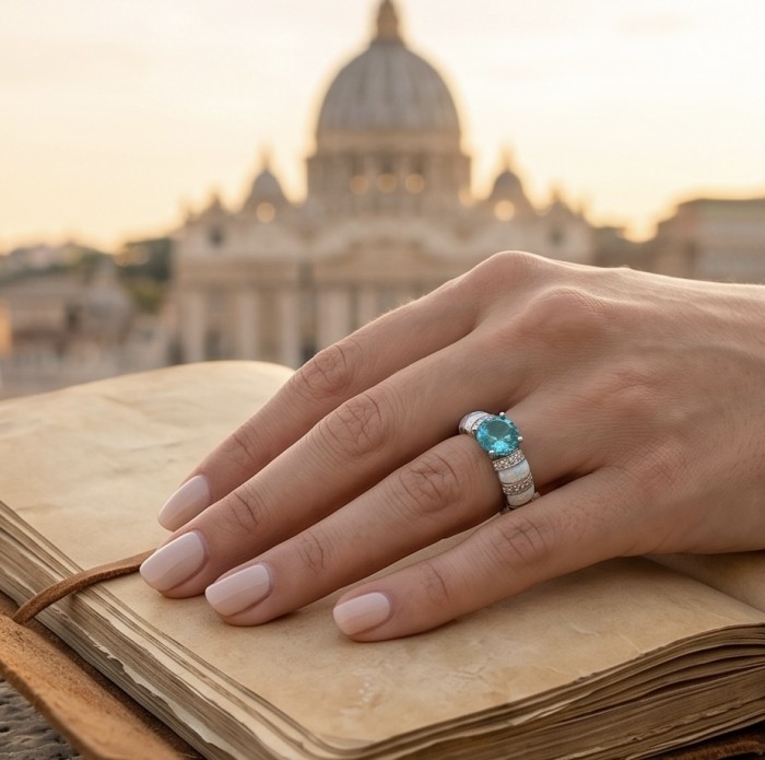 Wonderland 3.1 carat Paraiba Tourmaline .925 Sterling Silver Handcrafted Ring size 7 1/2 - Paraiba Tourmaline ring worn on hand with background scenery