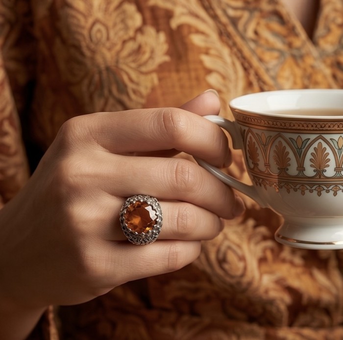 Serenity Natural 38.4 carat GOLDEN Topaz Marcasite .925 Sterling Silver handmade Large Statement Ring size 7 - Golden topaz ring worn on hand holding a patterned teacup.