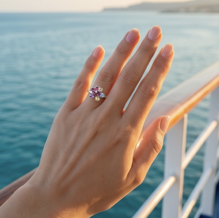 Flower 7.2 carat Multigem .925 Sterling Silver Handcrafted Ring size 10 - Worn on hand, multigem flower ring with ocean background.