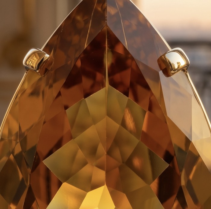 Oval cut 37.3 carat Lemon Quartz 22K Gold over .925 Sterling Silver handcrafted pendant - Stone close-up of oval cut Lemon Quartz in gold setting.