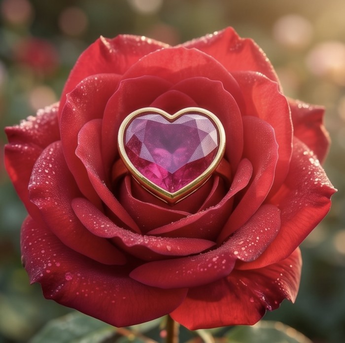 Always on my Mind Natural heart shape 22.7 carat Ruby .925 Sterling Silver dipped in 22K Gold handmade Statement Ring size 8 - Ruby heart pendant set on a red rose, close-up view.
