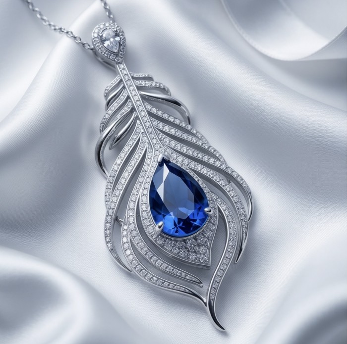 Precious Magic Feather 10.2 carat Sapphire .925 Sterling Silver .925 Sterling Silver Statement Necklace - Top view of sapphire feather pendant on satin background
