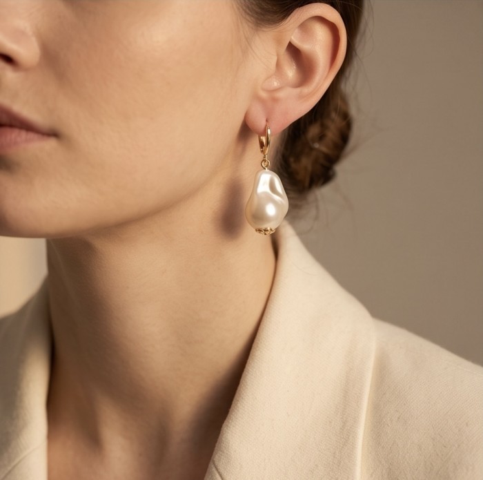 Baroque style Precious natural Mother of Pearl Golden handcrafted earrings - photo 1