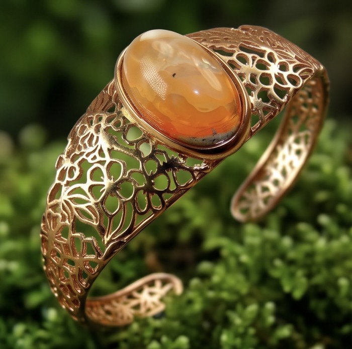 Authentic 25.5 carat Golden Mexican Opal handmade 18K Rose Gold over .925 Sterling Silver Bracelet / Cuff - Side view of handmade 18K rose bracelet with golden Mexican opal.