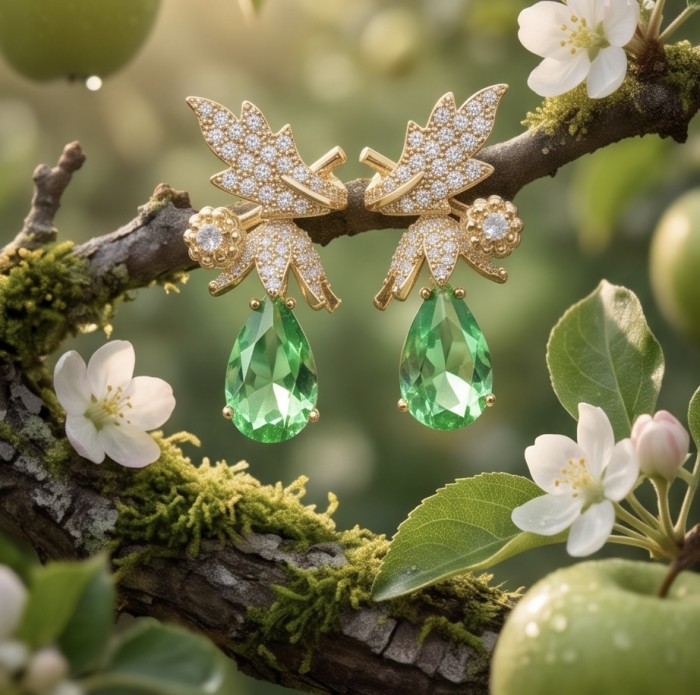 Luzurious 7.9 carat authentic Himalayan Peridot .925 Sterling Silver dipped in 14K Gold Handcrafted Statement Earrings - Elegant earrings with green peridot and diamonds on a blossoming branch