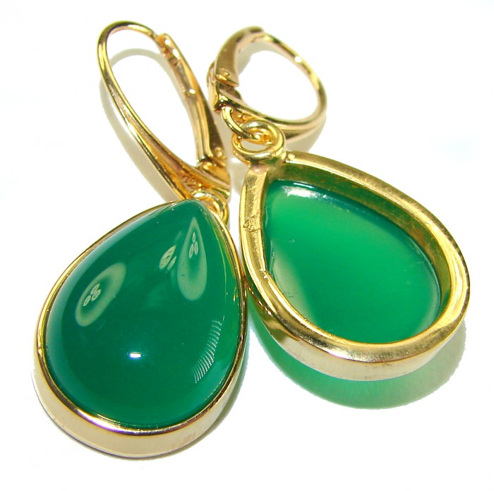 Unique genuine Jade 18K Gold over over .925 Sterling Silver handcrafted earrings - Close-up of jade teardrop earrings in 18K gold over sterling silver.