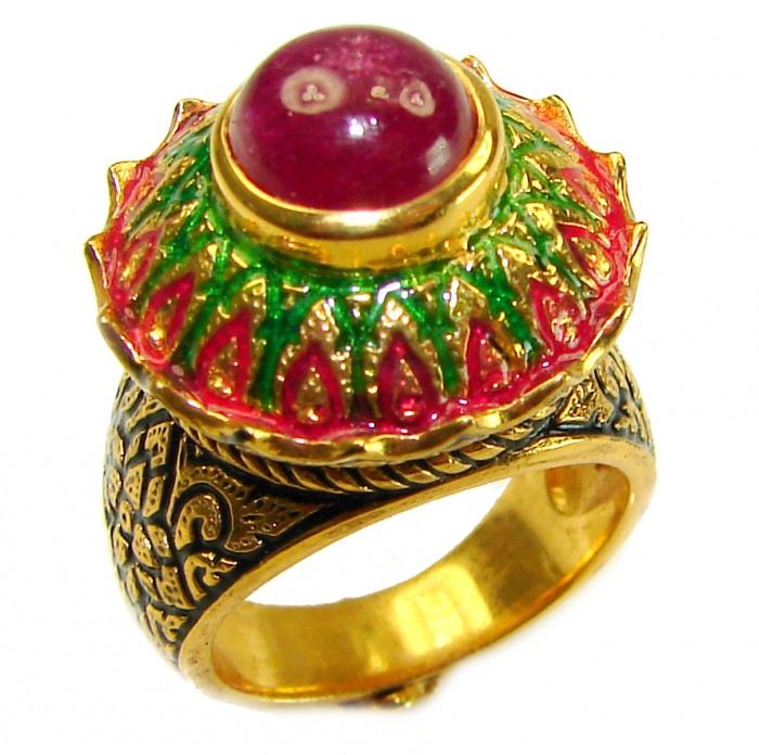 Purity Wisdom Prosperity 4.3 carat Ruby Enamel 18K Gold over .925 Sterling Silver Huge handcrafted Ring s. 6 3/4 - Ruby ring with enamel detail, side view, 18K gold over, 4.3 carats