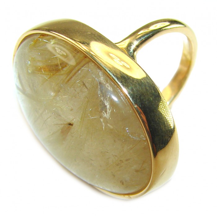LARGE Best quality Golden Rutilated Quartz 14K Gold over .925 Sterling Silver handcrafted Ring Size 7 1/2 - Side view of large golden rutilated quartz ring in 14K gold setting.