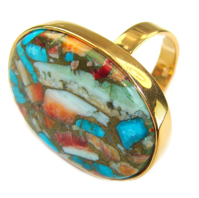 Rare 26.5 carat Oyster Turquoise 18K Gold over .925 Sterling Silver handcrafted Large ring; s. 8 adjustable - Close-up of rare 26.5 carat Oyster Turquoise ring in 18K gold over silver.