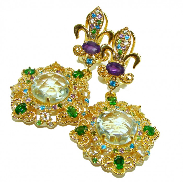 Celtic Spirit authentic fancy cut 22.5 carat Green Amethyst 18K Gold over .925 Sterling Silver handcrafted Statement earrings - Close-up of ornate earrings with green amethyst and colorful accents