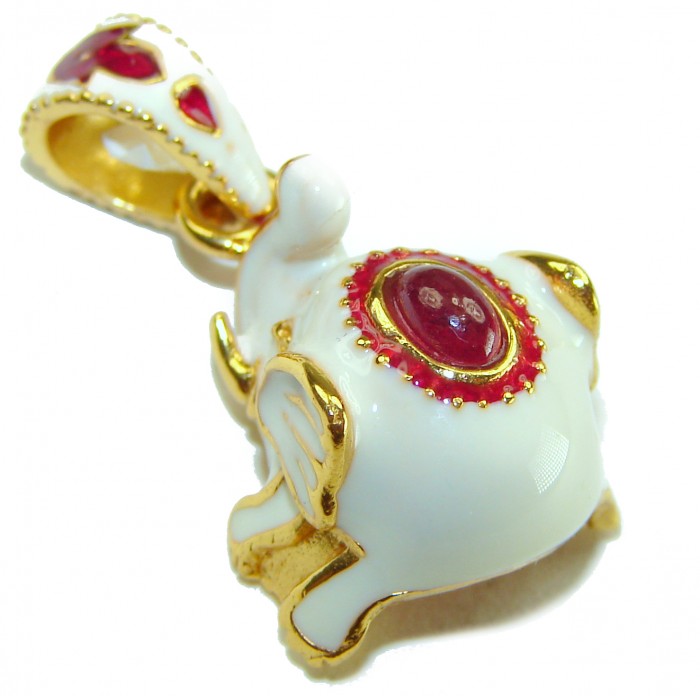 White Elephant Enamel Ruby 18K Gold over .925 Sterling Silver handmade Pendant - Side view of white elephant pendant with ruby and gold accents.