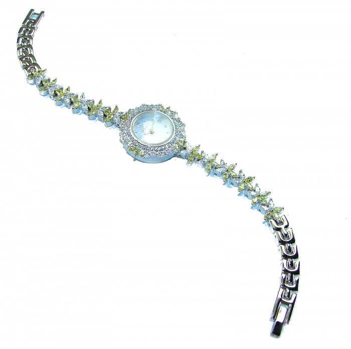 Precious 108.8 carat natural Peridot White Topaz .925 Sterling Silver handmade Bracelet - Watch - Elegant watch with peridot and topaz, top view showcasing entire design.