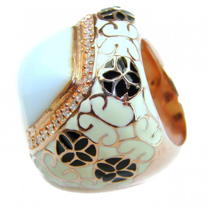 Divine Creation 9.5 carat White Jade Enamel 18K Gold over .925 Sterling Silver handcrafted Ring s. 6 - Side view of intricate gold and enamel ring with white jade stone.