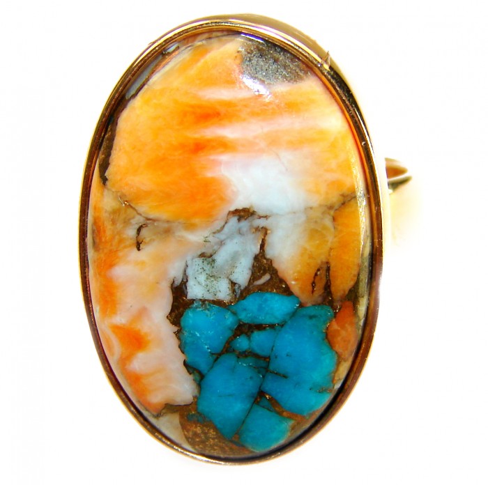 Rare 26.5 carat Oyster Turquoise 18K Gold over .925 Sterling Silver handcrafted Large ring; s. 6 adjustable - Stone close-up of rare 26.5 carat Oyster Turquoise ring in gold setting
