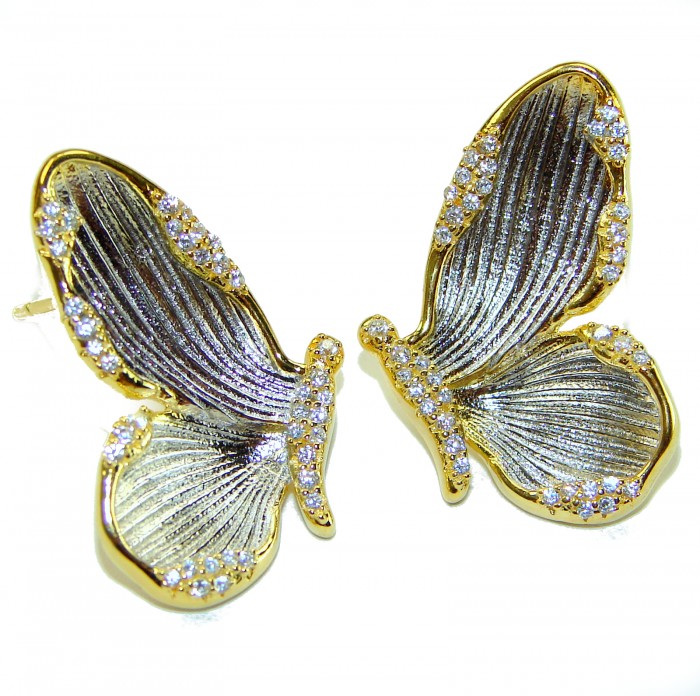 Golden Butterfly White Topaz highly polished 18K Gold over .925 Sterling Silver Italy made Earrings - Butterfly earrings with white topaz, top view, 18K gold detailing.