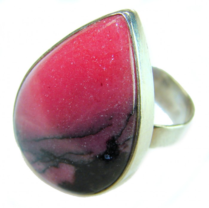 Perfect Rhodonite .925 Sterling Silver handmade Ring s. 8 adjustable - Rhodonite sterling silver ring close-up, size 8.