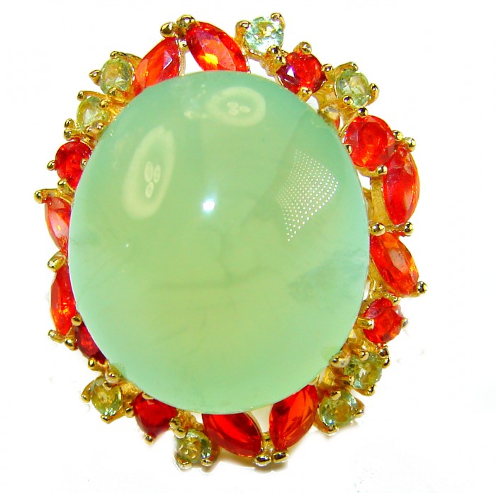 Vintage Style Best quality 27.8 carat Prehnite 18K Gold over .925 Sterling Silver handcrafted Ring Size 6 - Close-up of vintage 27.8ct Prehnite ring with 18K gold and orange accents.