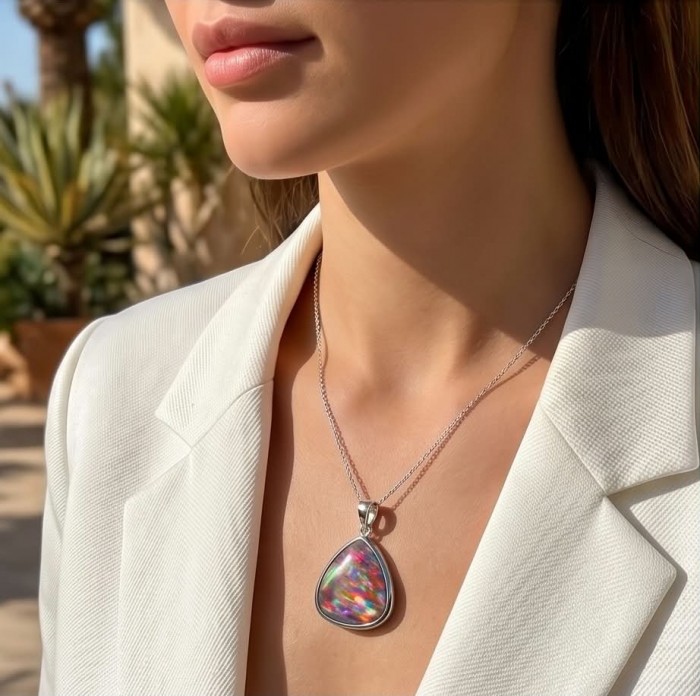 Kaleidopscop 19.5 carat Australian Doublet Opal .925 Sterling Silver handcrafted pendant - Close-up of Kaleidoscope Australian Opal necklace worn on model.