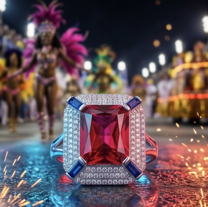 Art Deco 16.6 ctw Ruby .925 Sterling Silver handcrafted Statement Ring size 8 1/4 - Ruby ring close-up with carnival dancers in the background.