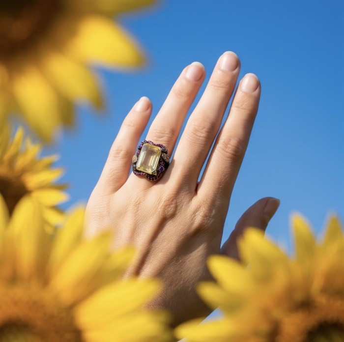 Costa del Sol 29.4 carat Lemon Quartz black rhodium over .925 Sterling Silver handcrafted ring size 8 - Hand wearing Costa del Sol ring with 29.4 carat Lemon Quartz, sunflowers around