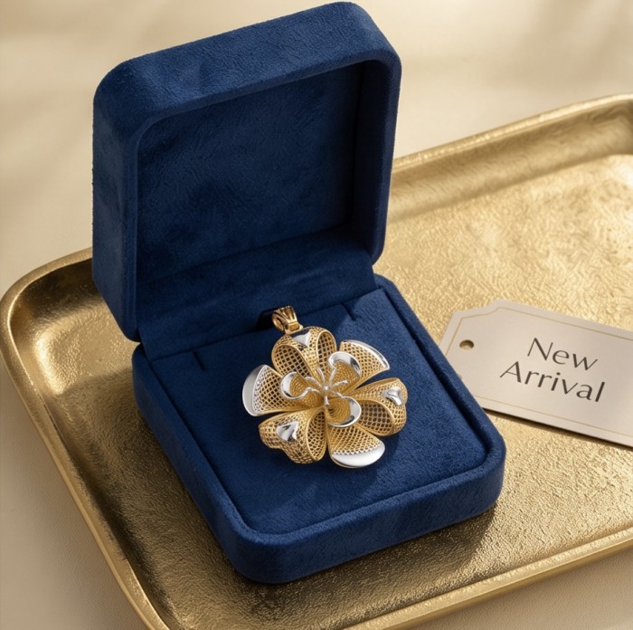 Dubai Style - Golden Rose .925 Sterling Silver dipped in 22K Gold handmade Pendant - Golden rose pendant, top view in blue velvet box, new arrival tag visible.