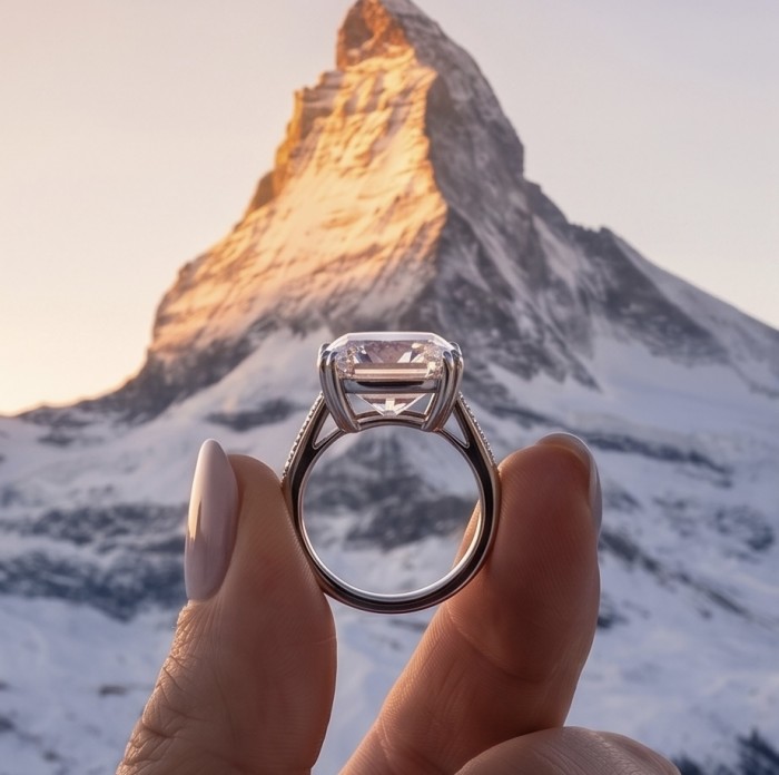Giovanna - Precious assher cut 17.5 carta White Topaz rhodium over .925 Sterling Silver Statement ring size 7 1/4 - Ring held against snowy mountain backdrop, frontal view of gemstone.