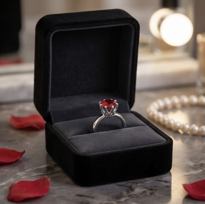 5.6 ctw Red Topaz .925 Sterling Silver handcrafted Statement Ring size 6 - Red Topaz ring in open box, top view, with rose petals and pearl bracelet