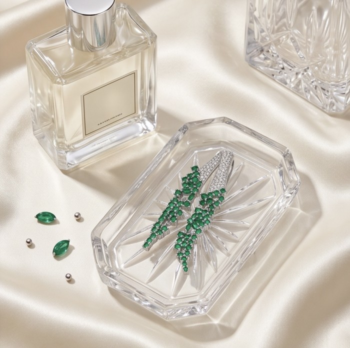 Heirloom Genuine 10.5 carat Colombian Emerald .925 Sterling Silver dipped in rhodium handmade Pendant - Emerald earrings on glass tray with perfume, top view.