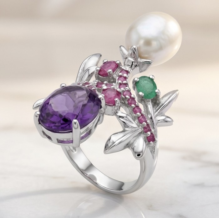 Tiffany Genuine Pearl 7.8 carat Amethyst rhodium over .925 Sterling Silver brilliantly handcrafted ring s. 8 - Side view of Tiffany ring with pearl, amethyst, and gemstone details.
