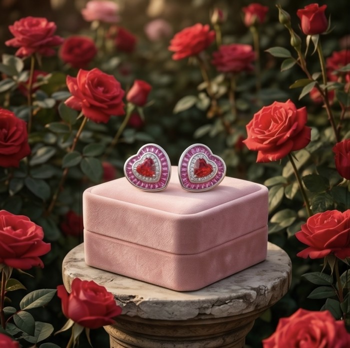 Art deco - My Sweet Heart Natural 2.8 carat Mozambique Ruby .925 Sterling Silver Handcrafted Earrings - Heart-shaped ruby earrings on pink box, surrounded by red roses.