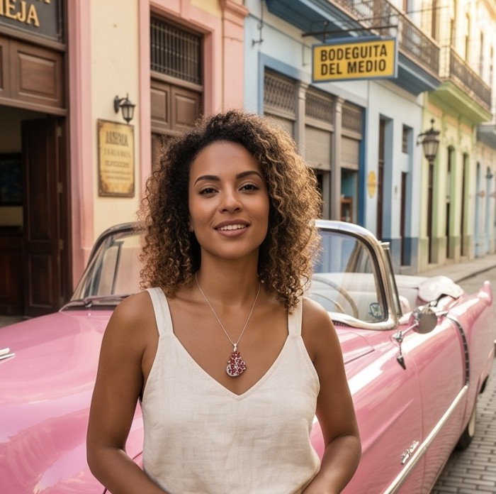 Marvelous Natural 20.8 carat Mozambique Garnet .925 Sterling Silver Handcrafted pendant - Woman wearing garnet necklace, front view, pink car backdrop.