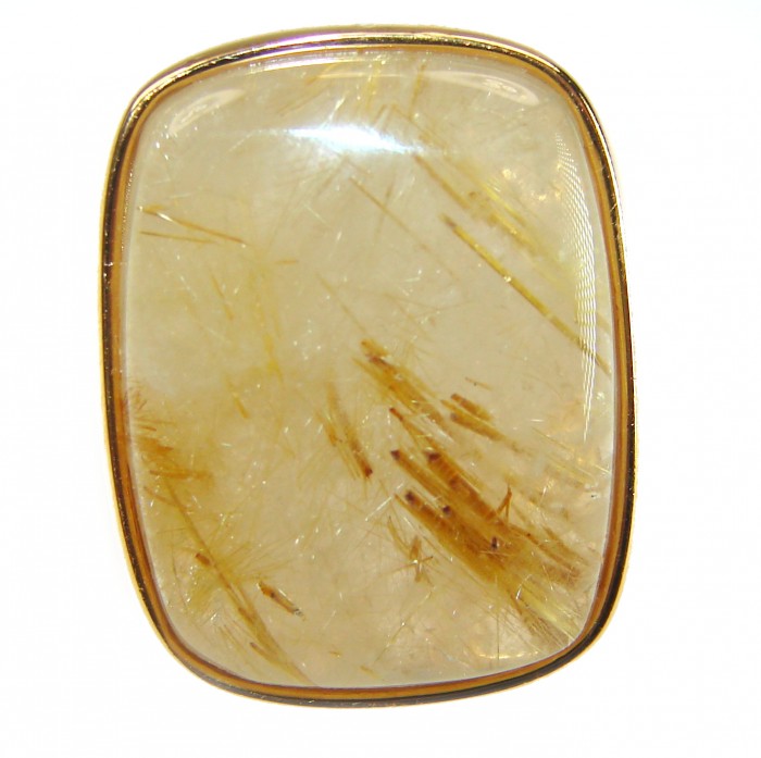 Himalayan Treasure 22.9 carat Best quality Golden Rutilated Quartz 18K Gold over .925 Sterling Silver handcrafted Ring Size 4 1/4 - Close-up of rectangular golden rutilated gemstone with gold setting.