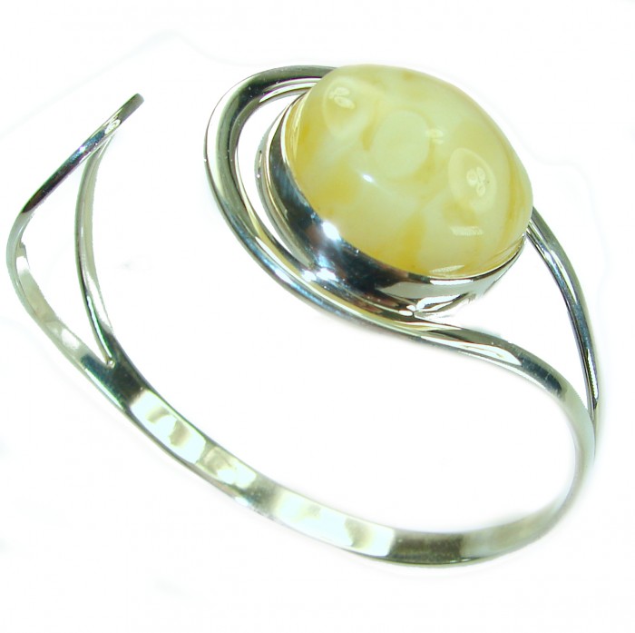 MODERN Design Genuine 15.5 carat Butterscotch Baltic Amber .925 Sterling Silver handmade Bracelet - Side view of modern bracelet with butterscotch Baltic amber stone