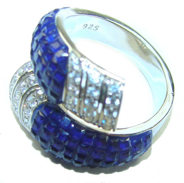 Art Deco Genuine 10.5 carat Sapphire .925 Sterling Silver handcrafted Ring size 6 1/2 - Art Deco Sapphire Sterling Silver Ring side view showing stone detail