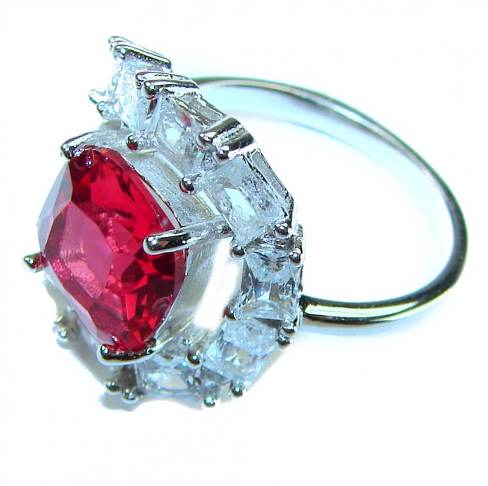 Royalty 37.5 carat baguette cut Red Garnet .925 Sterling Silver handcrafted ring; s. 8 3/4 - Close-up of Royalty 37.5 carat Red Garnet ring with baguette accents.