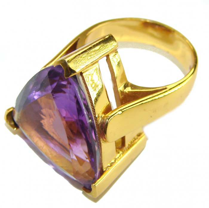 Purple Royalty 25.5 carat Amethyst .925 Sterling Silver dipped in 18K Gold over Handcrafted Ring size 8 - Side view of gold-plated ring with large purple amethyst stone