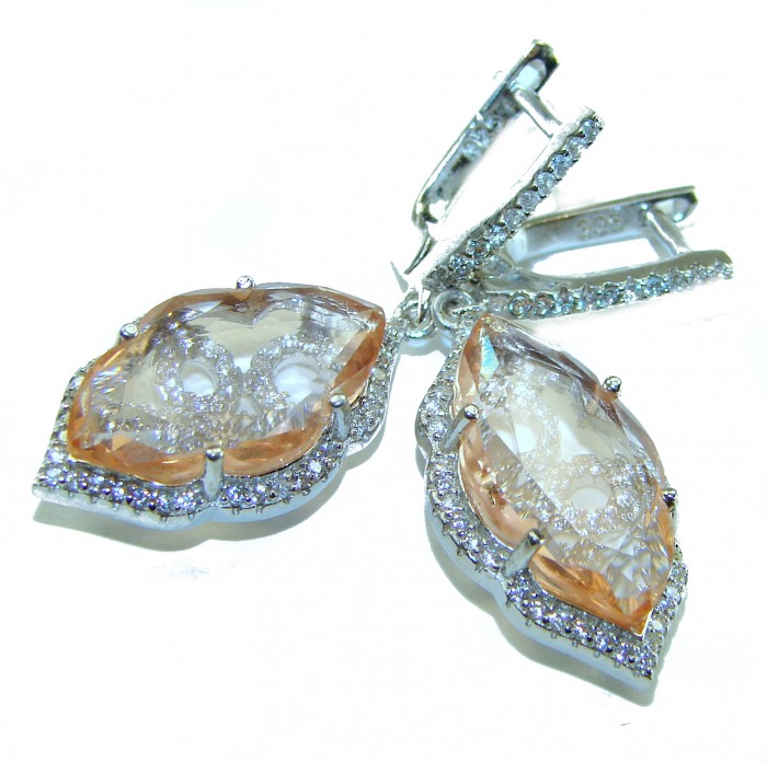 Madagascar Sun 15.8 carat Morganite .925 Sterling Silver handcrafted Statement Earrings - Close-up of Madagascar Sun 15.8ct Morganite earrings in Sterling Silver
