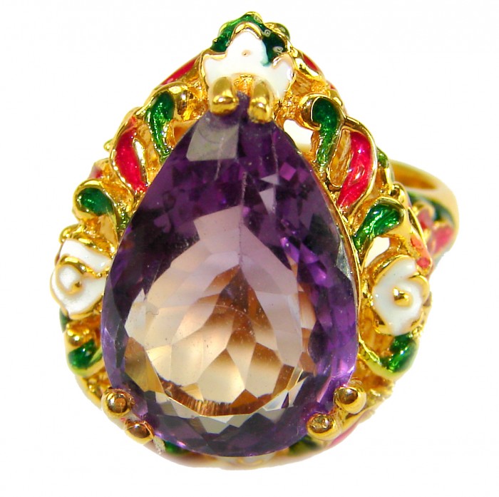 Purple Cascade 14.5 carat Purple Amethyst Enamel 22K Gold over .925 Sterling Silver Handcrafted Ring size 6 - Close-up of Purple Amethyst enamel 22K gold ring with floral design.