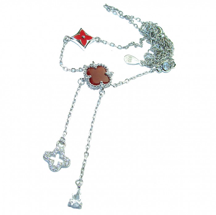 Outstanding 20 inches long Carnelian Lucky Four Leaf Clover .925 Sterling Silver necklace - Carnelian four-leaf clover necklace, detailed view.